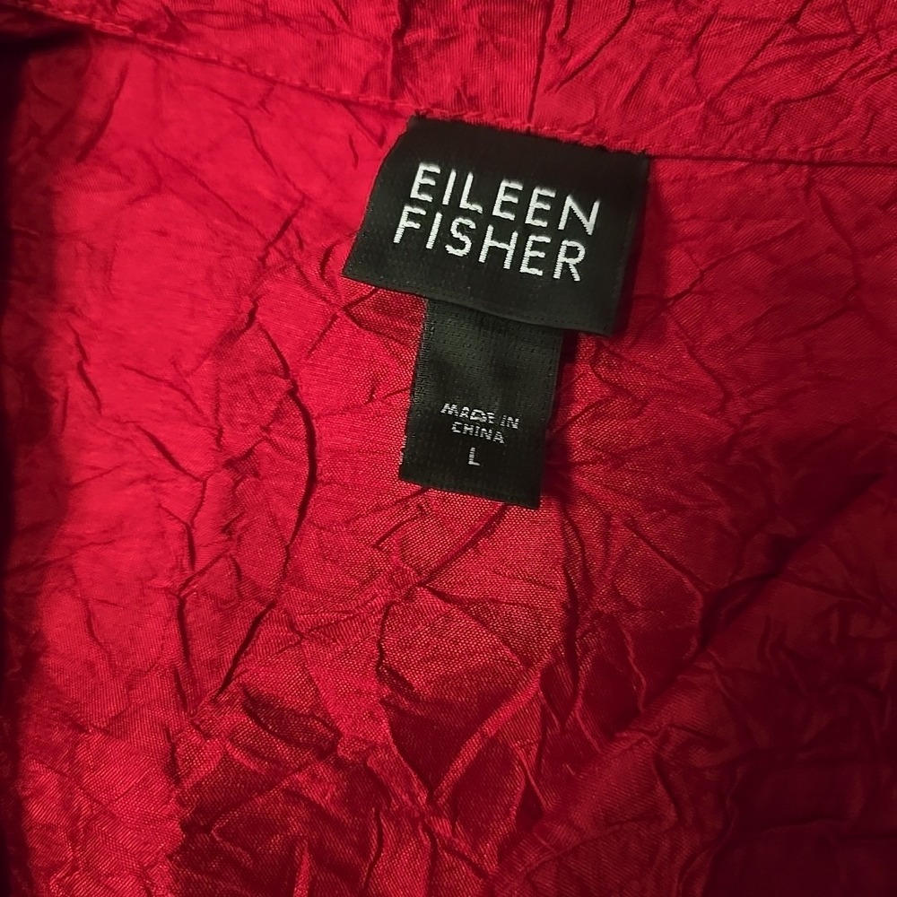 Eileen Fisher Sz L Beautiful RED Crinkled 100% Silk Exquisite Blouse Shirt Top - Picture 2 of 10
